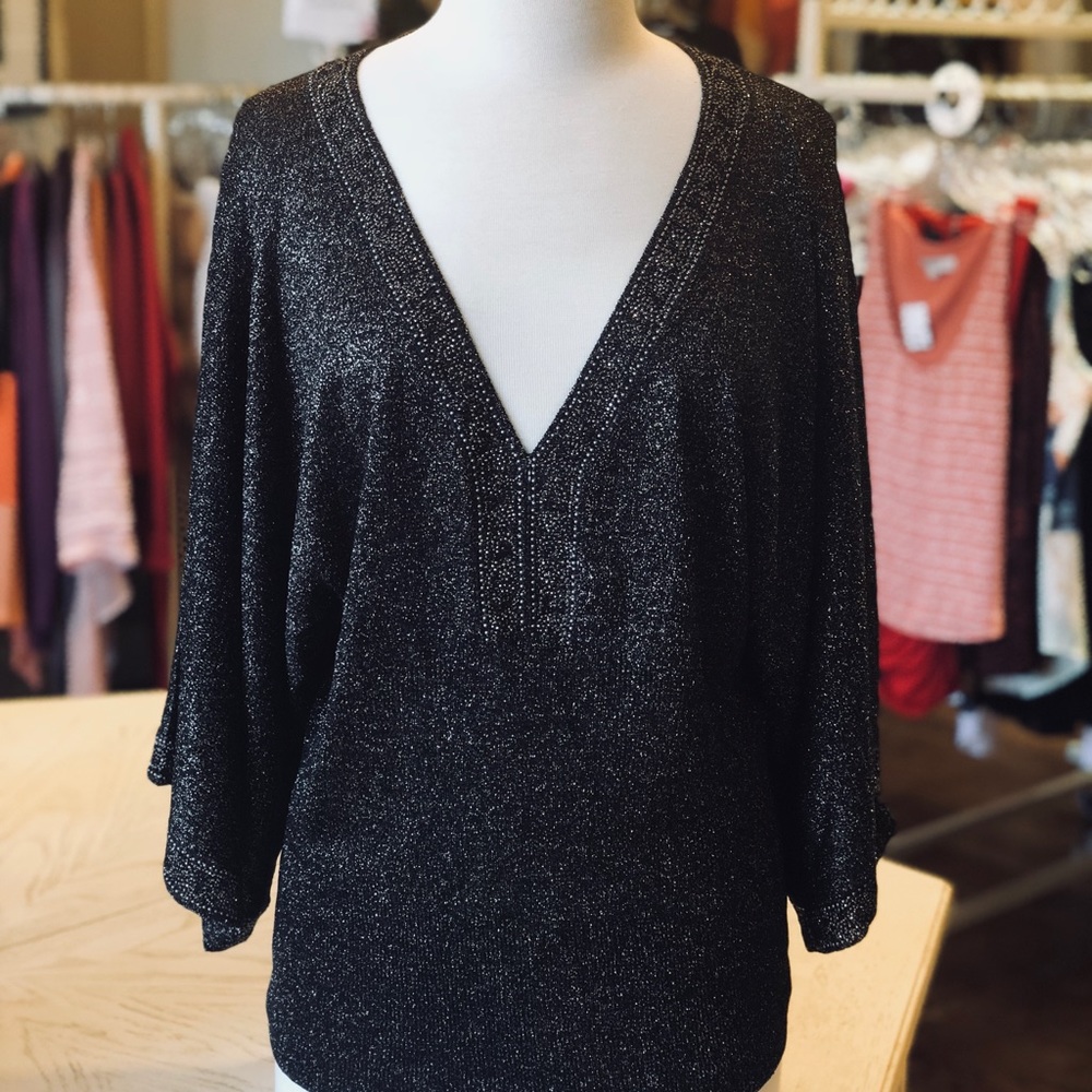 ST. JOHN Black with Silver Sparkle Blouse Top M